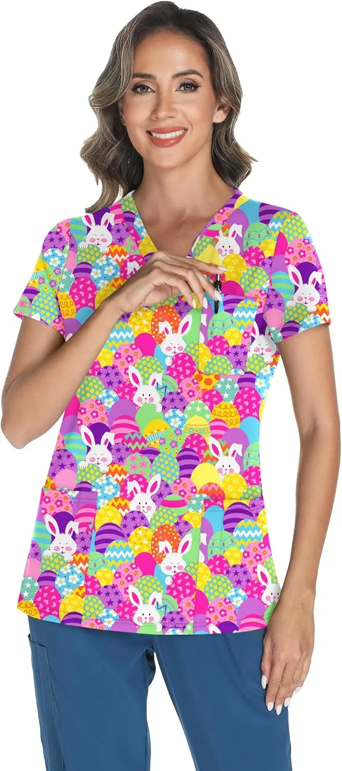 LOMON Scrubs for Women V Neck Printed Scrub Tops Soft Knit Nurse Uniform Shirts with 3 Pockets