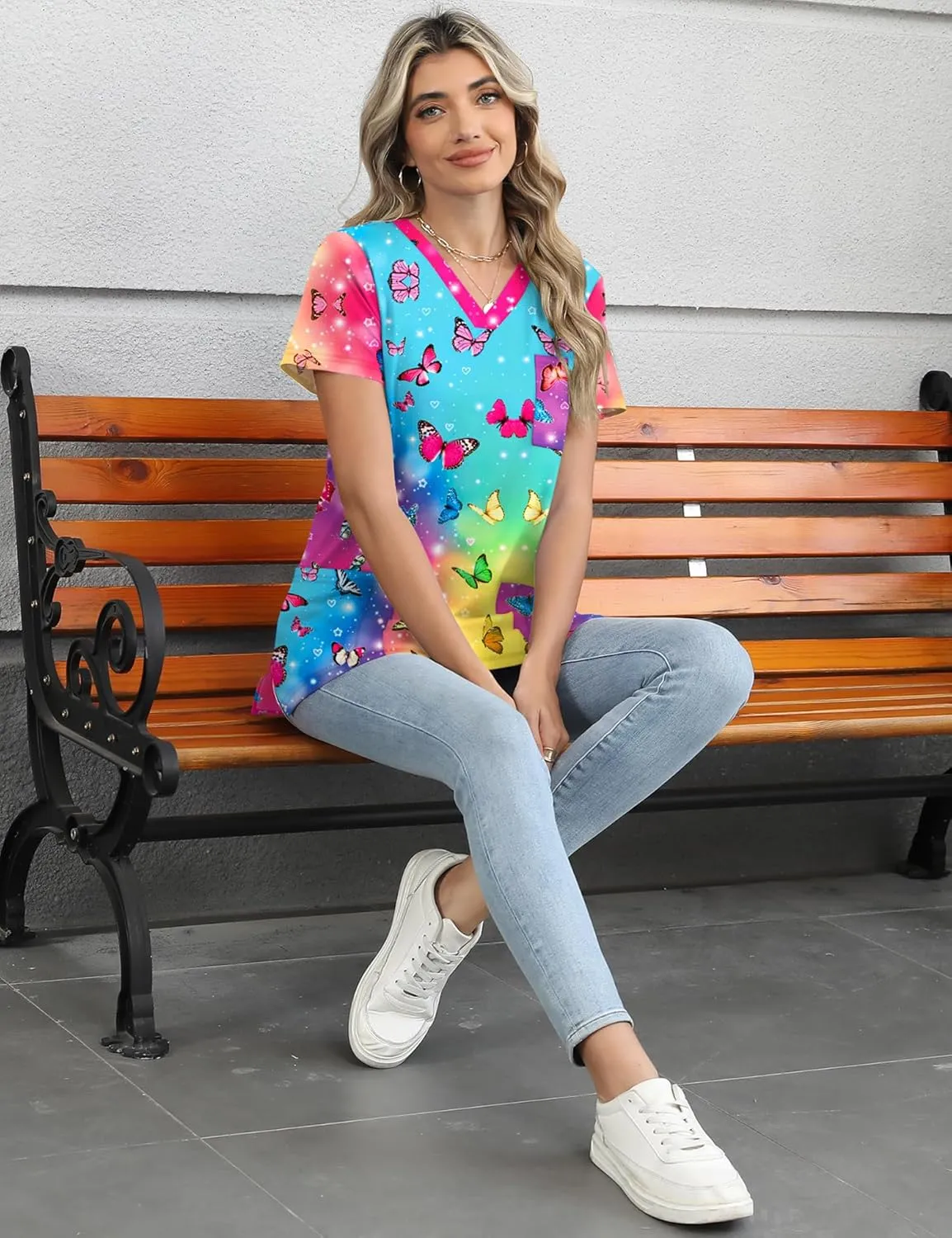LOMON Scrubs for Women V Neck Printed Scrub Tops Soft Knit Nurse Uniform Shirts with 3 Pockets
