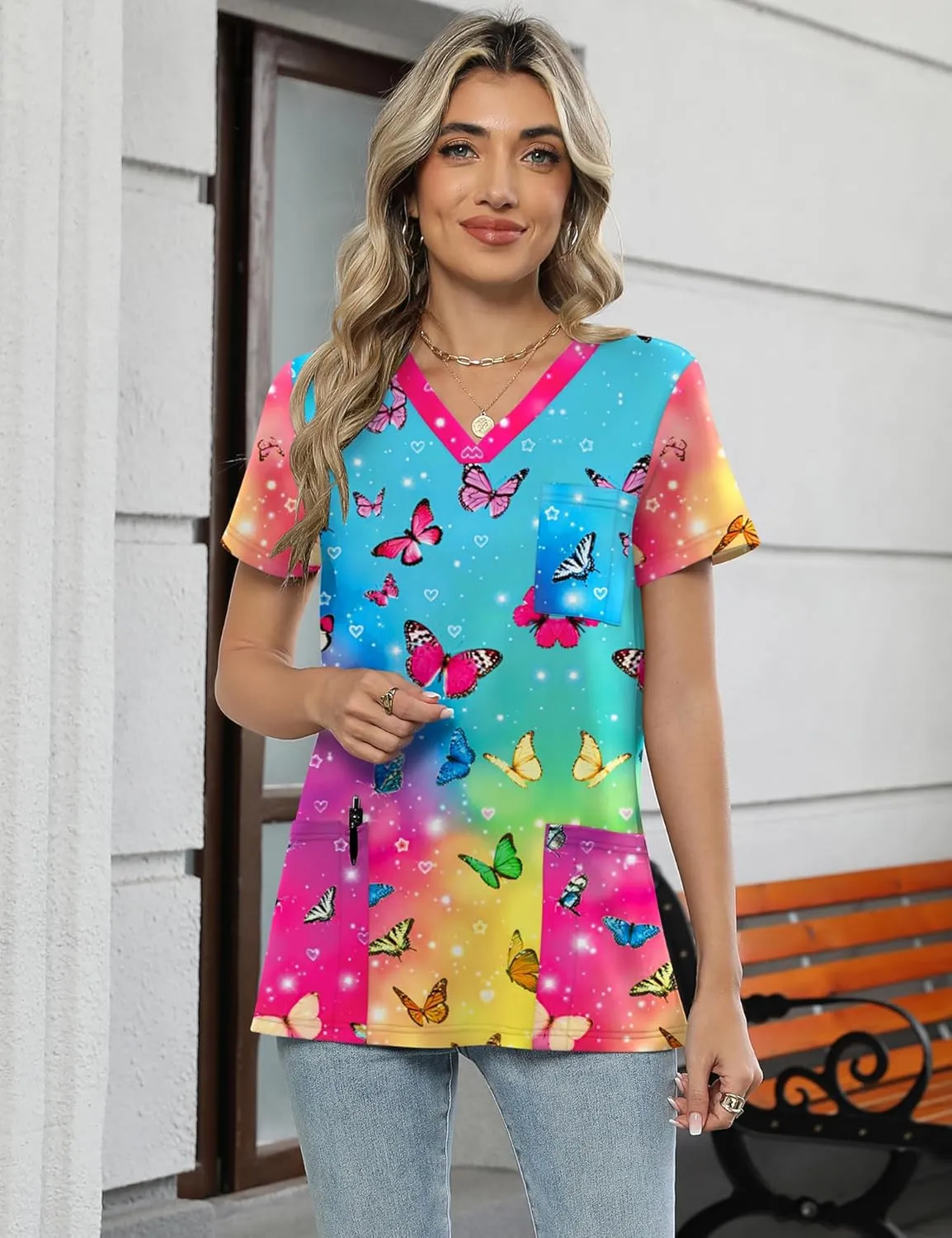 LOMON Scrubs for Women V Neck Printed Scrub Tops Soft Knit Nurse Uniform Shirts with 3 Pockets
