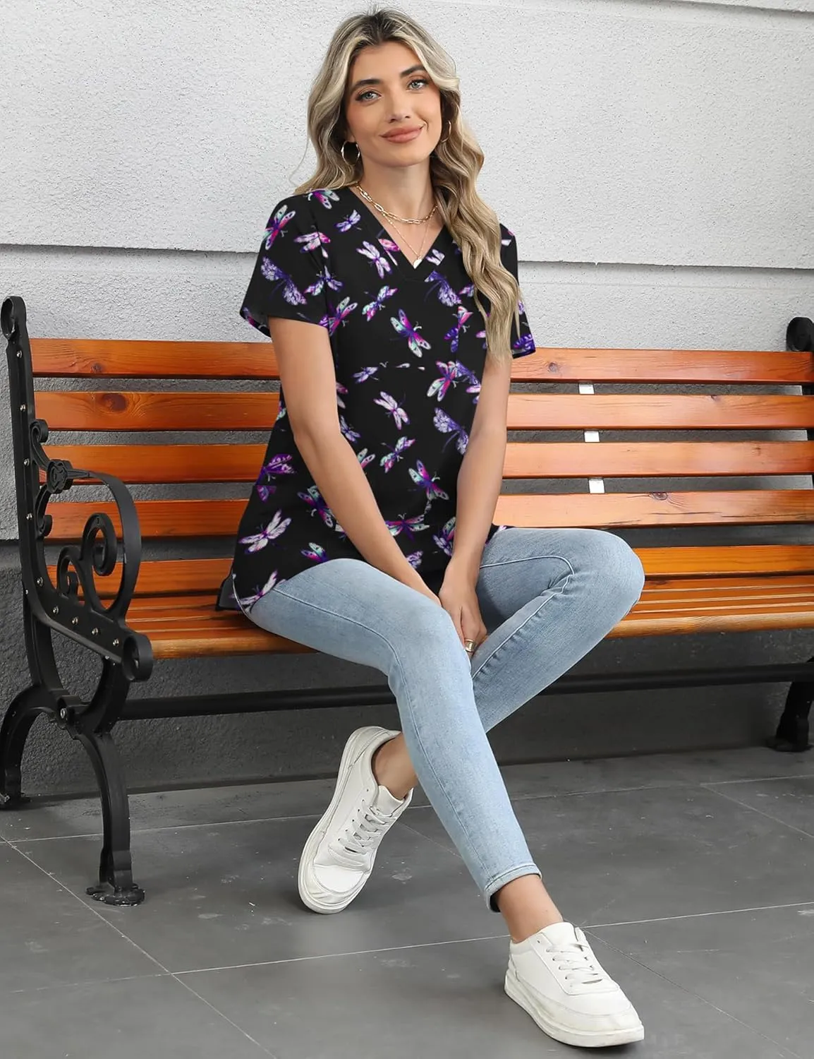LOMON Scrubs for Women V Neck Printed Scrub Tops Soft Knit Nurse Uniform Shirts with 3 Pockets