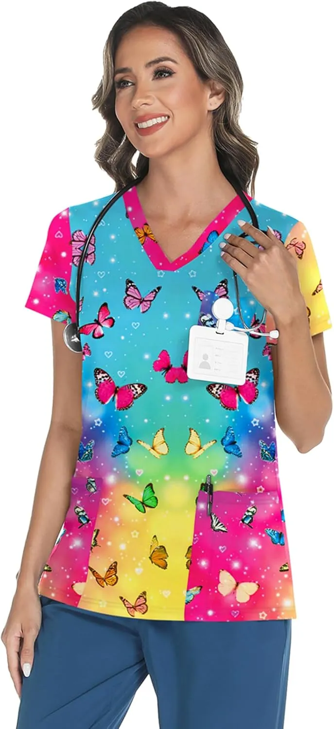 LOMON Scrubs for Women V Neck Printed Scrub Tops Soft Knit Nurse Uniform Shirts with 3 Pockets