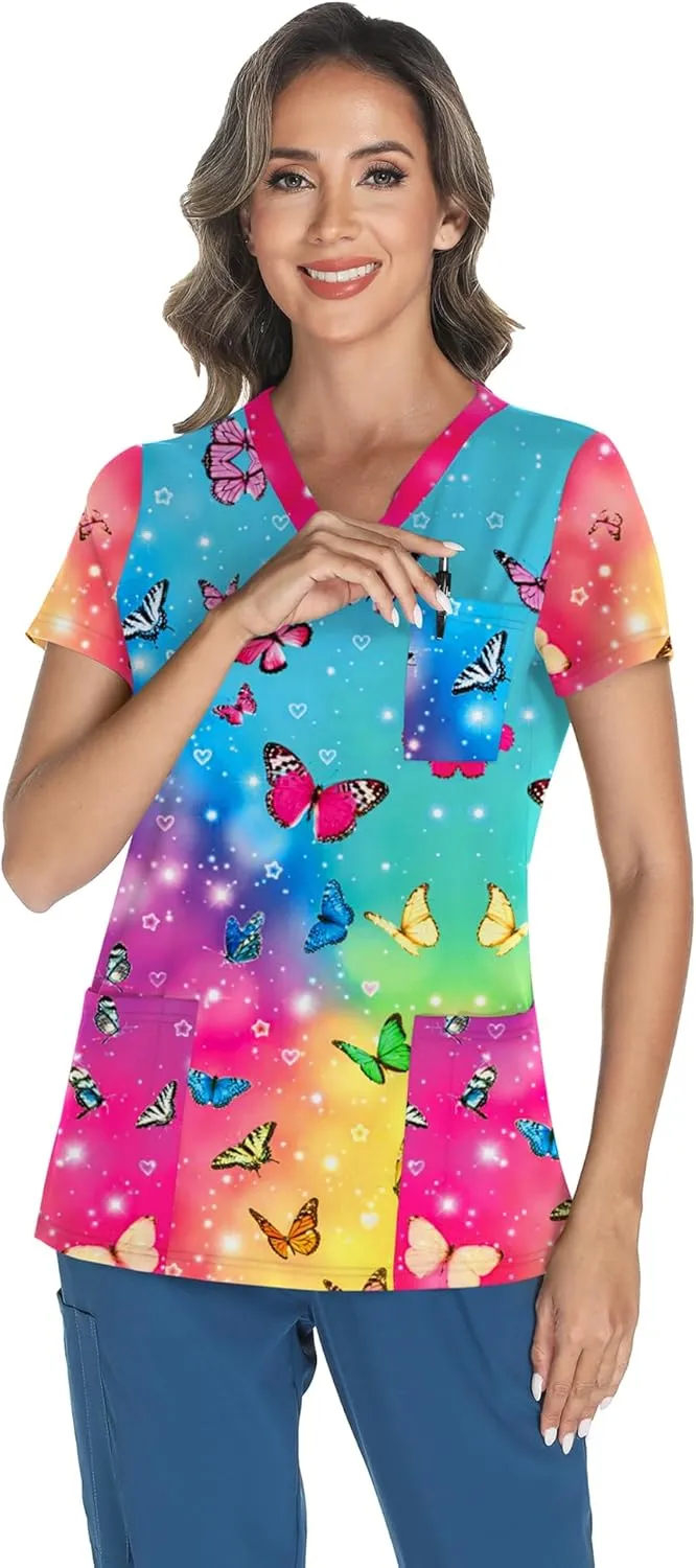 LOMON Scrubs for Women V Neck Printed Scrub Tops Soft Knit Nurse Uniform Shirts with 3 Pockets