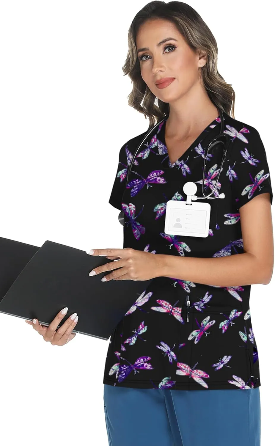 LOMON Scrubs for Women V Neck Printed Scrub Tops Soft Knit Nurse Uniform Shirts with 3 Pockets