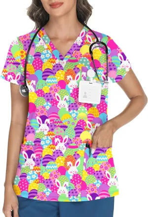 LOMON Scrubs for Women V Neck Printed Scrub Tops Soft Knit Nurse Uniform Shirts with 3 Pockets