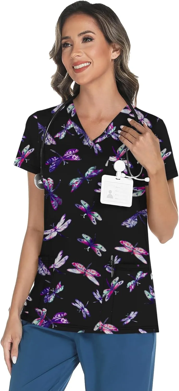LOMON Scrubs for Women V Neck Printed Scrub Tops Soft Knit Nurse Uniform Shirts with 3 Pockets