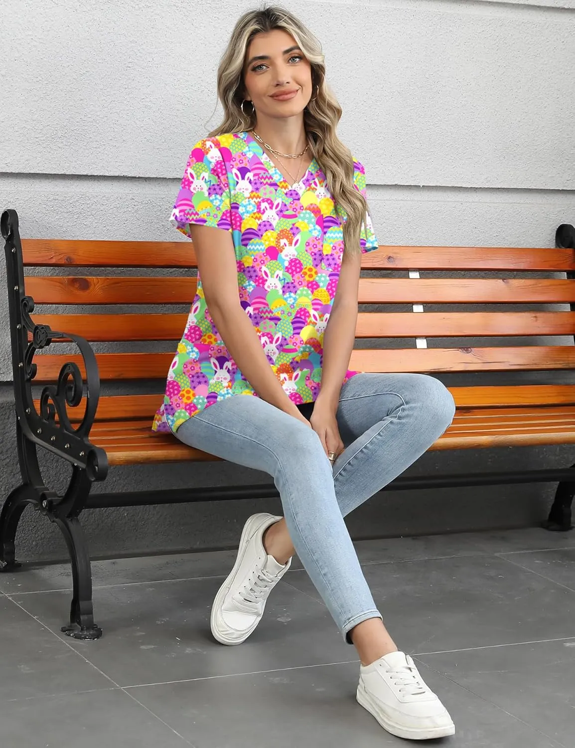 LOMON Scrubs for Women V Neck Printed Scrub Tops Soft Knit Nurse Uniform Shirts with 3 Pockets
