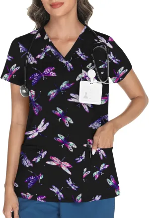 LOMON Scrubs for Women V Neck Printed Scrub Tops Soft Knit Nurse Uniform Shirts with 3 Pockets