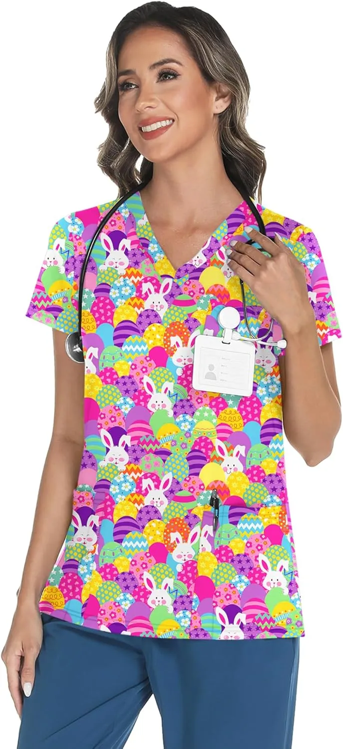 LOMON Scrubs for Women V Neck Printed Scrub Tops Soft Knit Nurse Uniform Shirts with 3 Pockets
