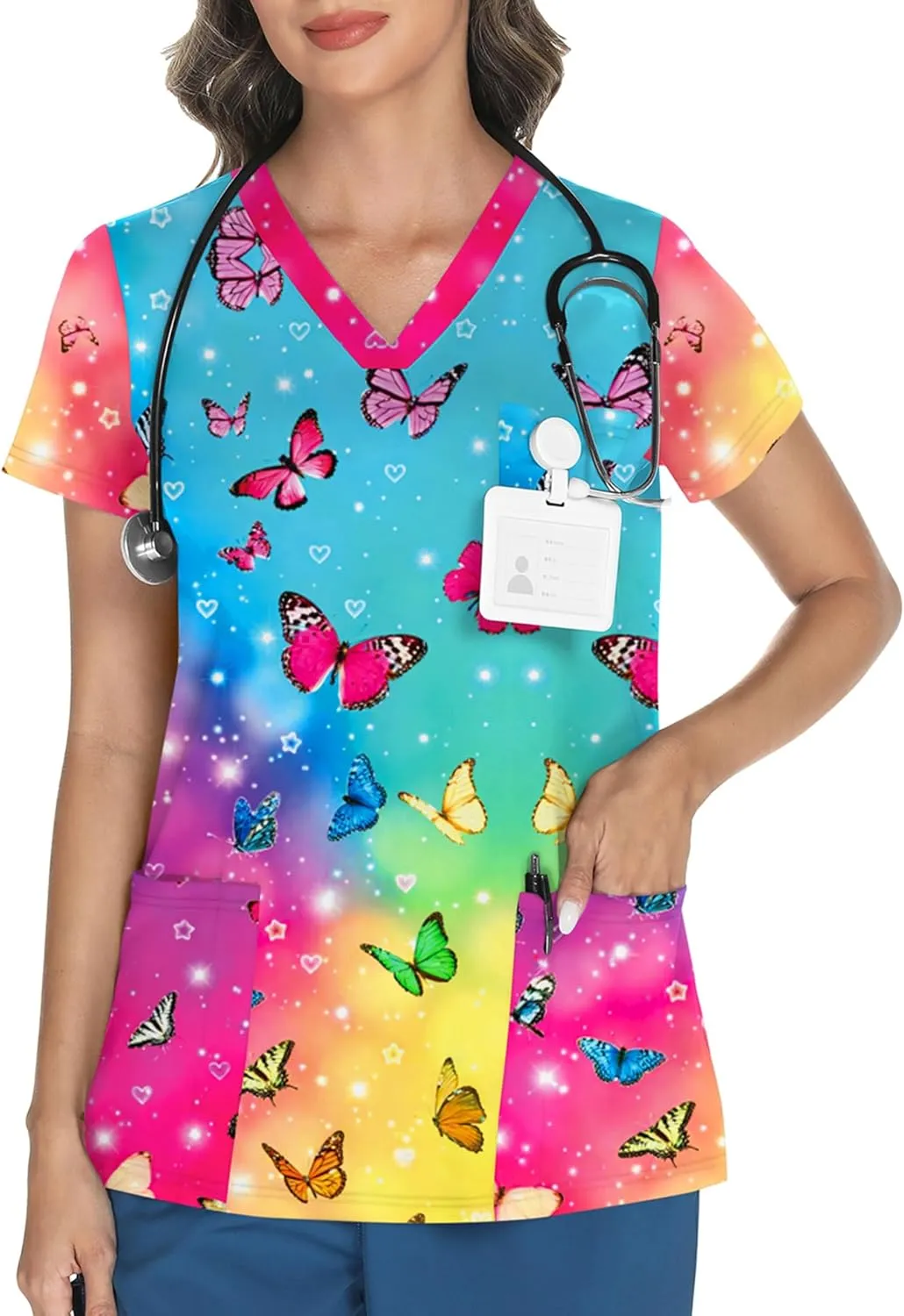 LOMON Scrubs for Women V Neck Printed Scrub Tops Soft Knit Nurse Uniform Shirts with 3 Pockets