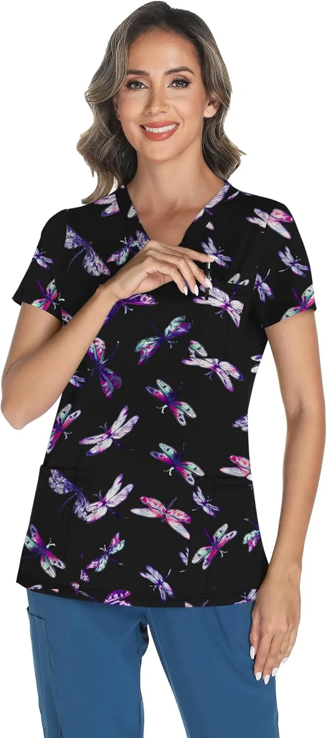 LOMON Scrubs for Women V Neck Printed Scrub Tops Soft Knit Nurse Uniform Shirts with 3 Pockets