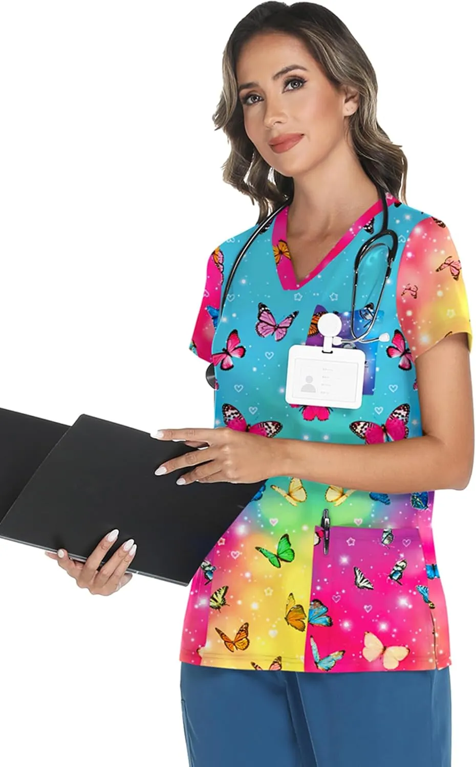 LOMON Scrubs for Women V Neck Printed Scrub Tops Soft Knit Nurse Uniform Shirts with 3 Pockets