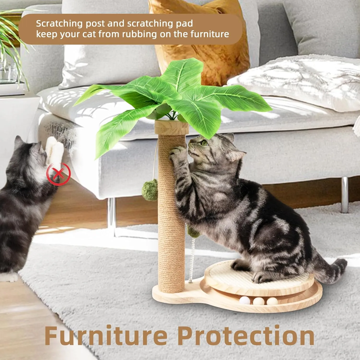 Meowoou 17.7" Tall Cat Scratching Post with Dangling Ball Sisal Cat Scratchers for Indoor Cats Modern Kitten Toys Wooden Interactive Trackball 1 Layer