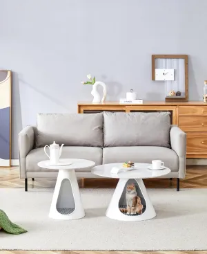 Multifunctional Round Coffee Tables with Cat Beds, Stylish Marble Look Top, Steel Base, Set of 2
