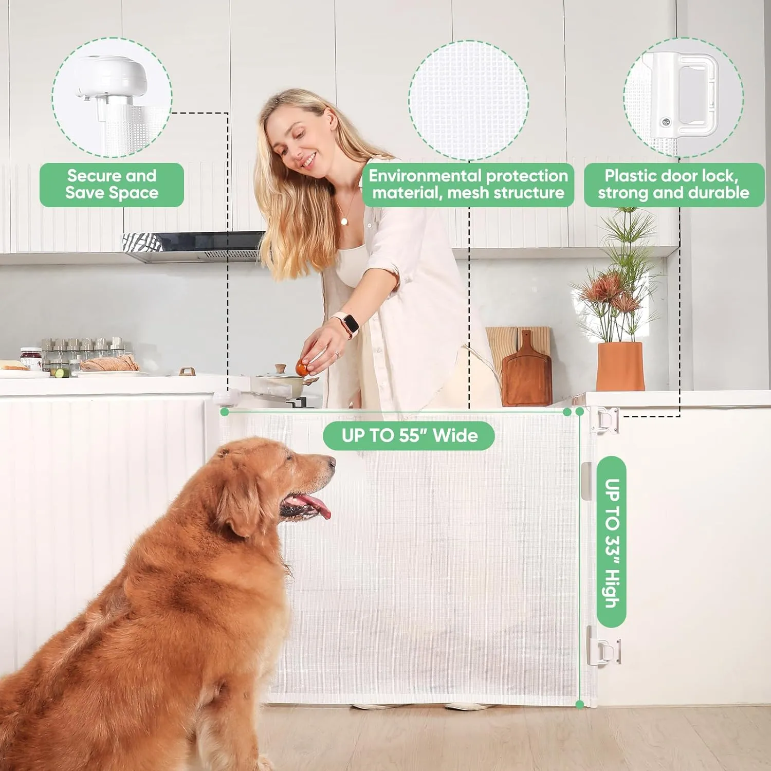 New Retractable Baby Gate, Mesh Baby and Pet Gate 33" Tall, Extends up to 55" Wide, Child Safety Baby Gates for Stairs Doorways Hallways, Dog Gate Cat Gate for Indoor and Outdoor (White)