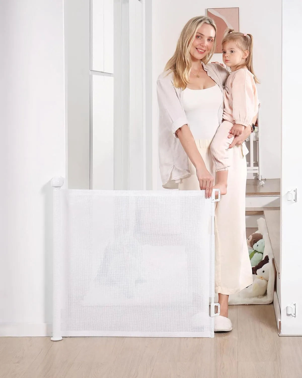 New Retractable Baby Gate, Mesh Baby and Pet Gate 33" Tall, Extends up to 55" Wide, Child Safety Baby Gates for Stairs Doorways Hallways, Dog Gate Cat Gate for Indoor and Outdoor (White)