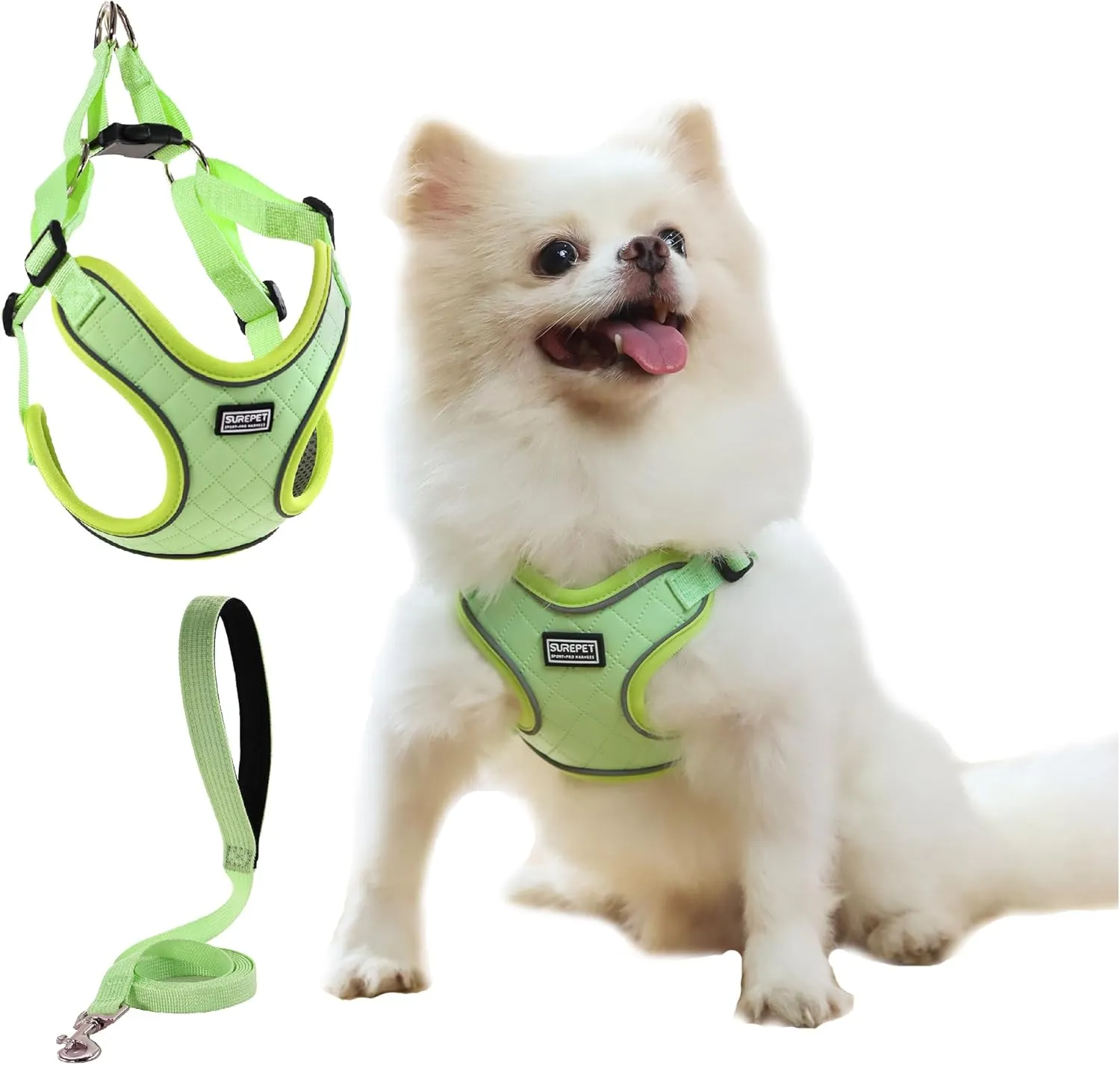 No Pull Dog Harness with Leash Set Green All Weather Mesh Adjustable Step in Reflective Escape Proof Vest Harness for Small and Medium Dogs Puppy,Large Cat S