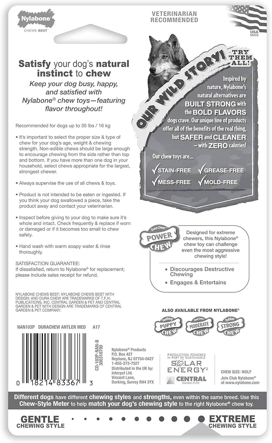 Nylabone Power Chew Antler Alternative Nylon Chew Toy for Dogs, Dog Toys for Aggressive Chewers, Venison Flavor, Medium/Wolf (1 Count)
