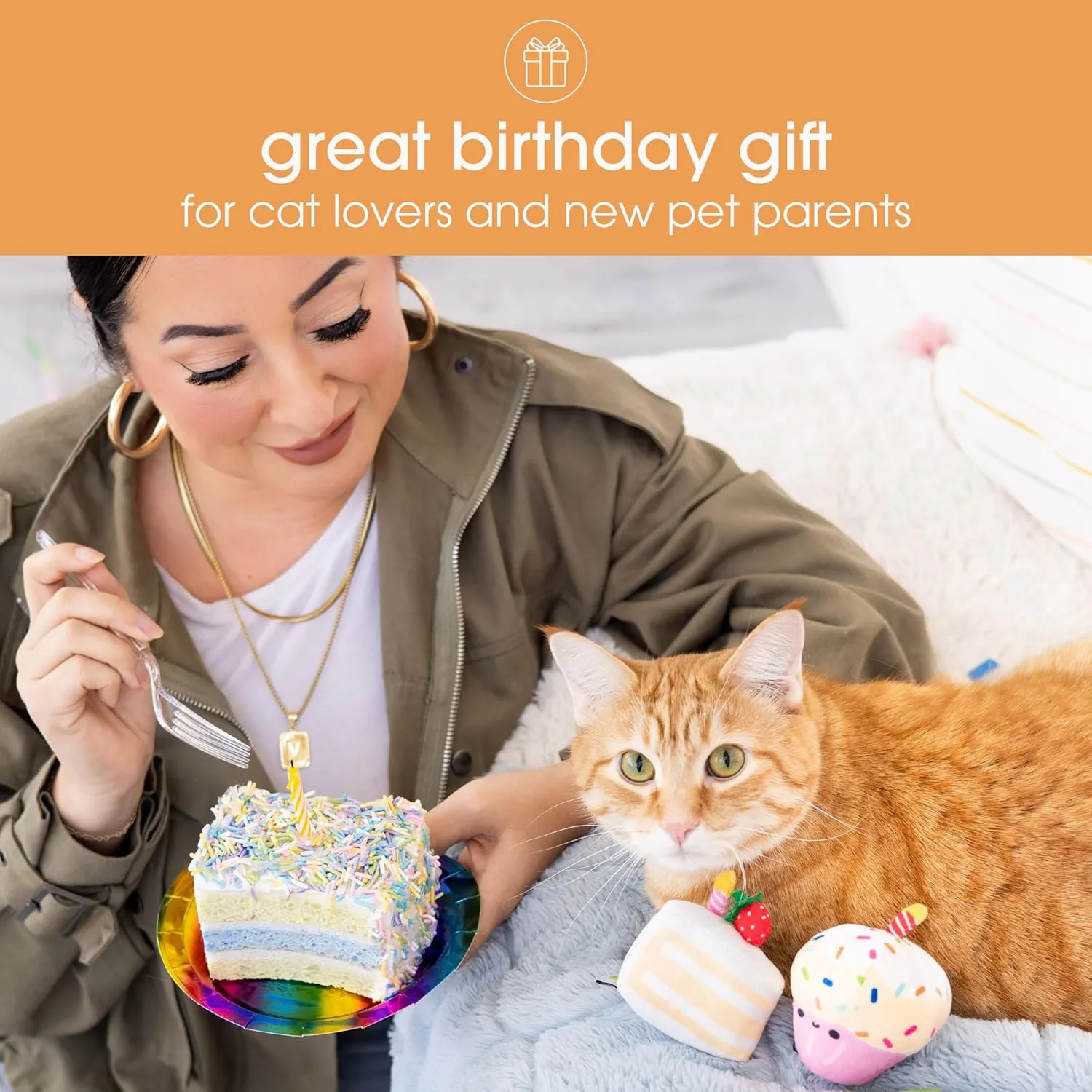 Pearhead Happy Birthday Cake Cat Toy Set, Stuffed Birthday Cake and Cupcake Cat Toys with Catnip and Squeakers, Interactive Fun Kitten Toys, Pet Owner Pet Birthday Gift, Ideal for Cat Lovers, Set of 2