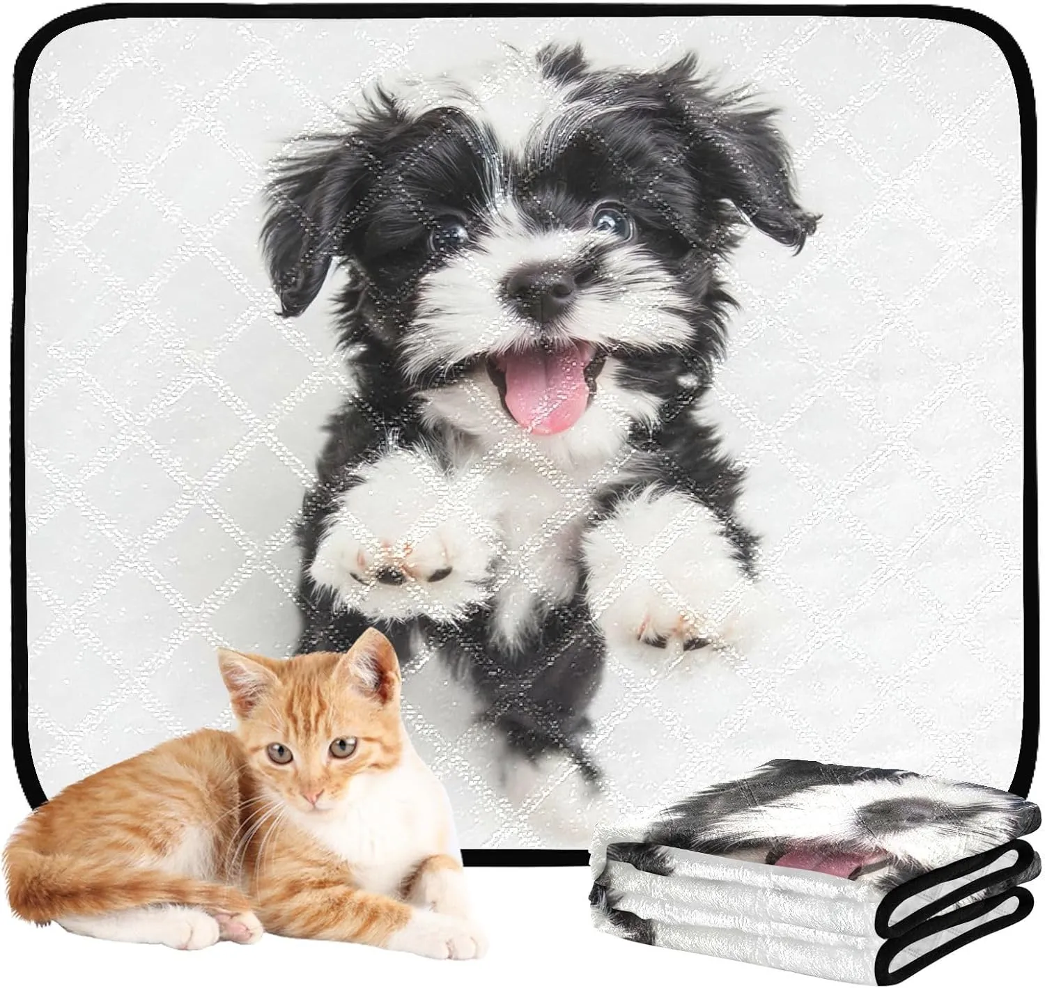Pet Dog Washable Pee Pads Cute Dog Crate Mat Waterproof Happy Black White Puppy Art Reusable Pee Pad for Cats Puppy Potty Pads Absorbent, Small x 3 Pack
