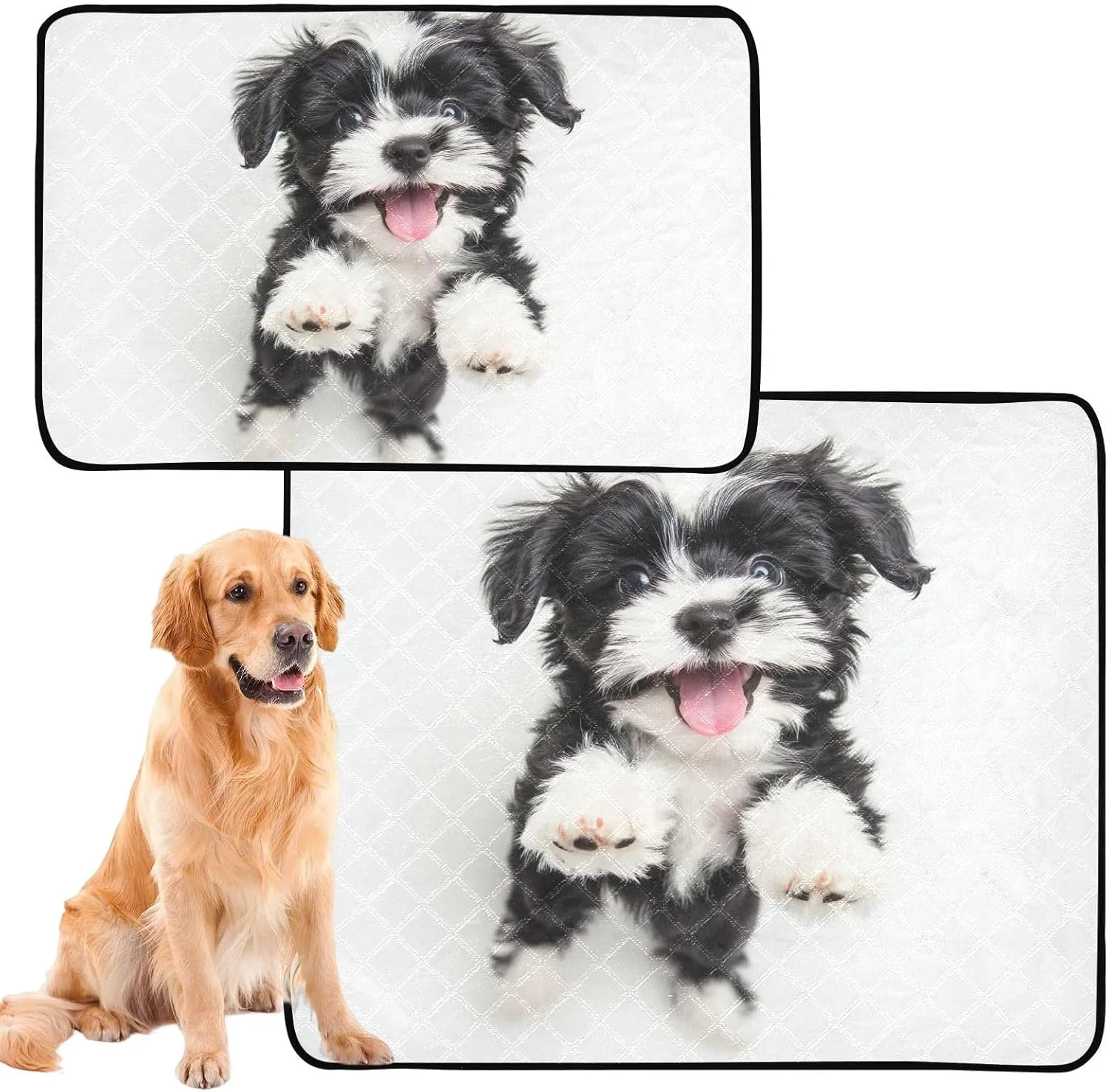 Pet Dog Washable Pee Pads Cute Dog Crate Mat Waterproof Happy Black White Puppy Art Reusable Pee Pad for Cats Puppy Potty Pads Absorbent, Small x 3 Pack