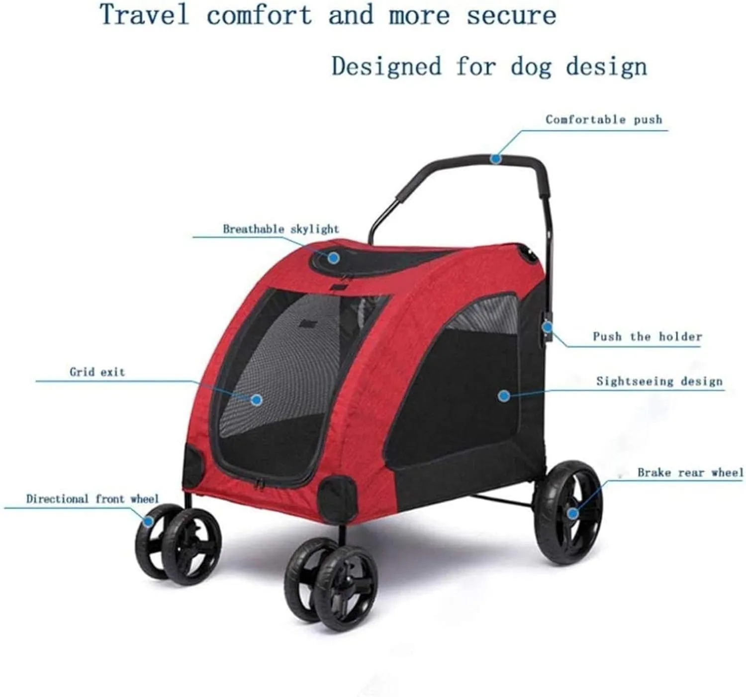 Pet Travel Stroller Foldable Pram | 4 Wheels Large Dog Cat Pushchair Trolley Carrier with 2 Front Swivel Wheels Blue (Grey) (Red)
