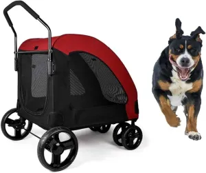 Pet Travel Stroller Foldable Pram | 4 Wheels Large Dog Cat Pushchair Trolley Carrier with 2 Front Swivel Wheels Blue (Grey) (Red)
