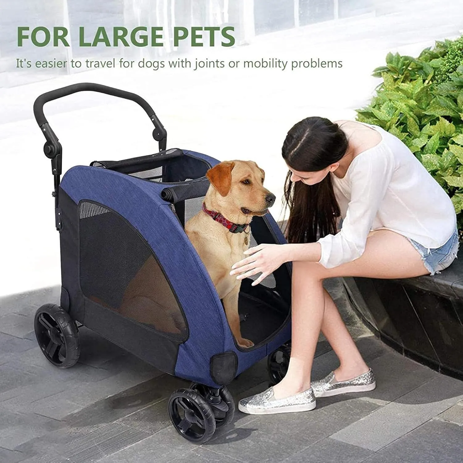 Pet Travel Stroller Foldable Pram | 4 Wheels Large Dog Cat Pushchair Trolley Carrier with 2 Front Swivel Wheels Blue (Grey)