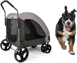 Pet Travel Stroller Foldable Pram | 4 Wheels Large Dog Cat Pushchair Trolley Carrier with 2 Front Swivel Wheels Blue (Grey)