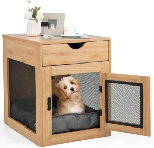 PETSITE Dog Crate Furniture with Wireless Charging Function & USB Ports, Furniture Style Small Dog Crate End Table with Drawer & Removable Dog Bed, Wooden Dog Kennel House Cage Indoor Use