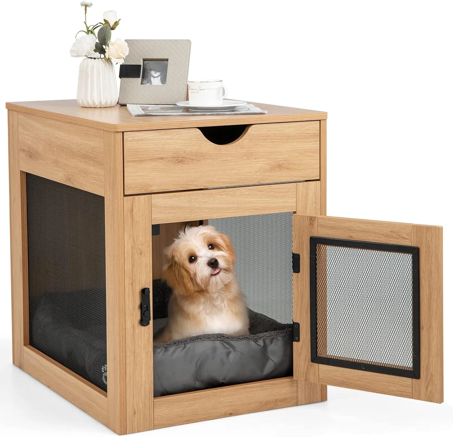 PETSITE Dog Crate Furniture with Wireless Charging Function & USB Ports, Furniture Style Small Dog Crate End Table with Drawer & Removable Dog Bed, Wooden Dog Kennel House Cage Indoor Use
