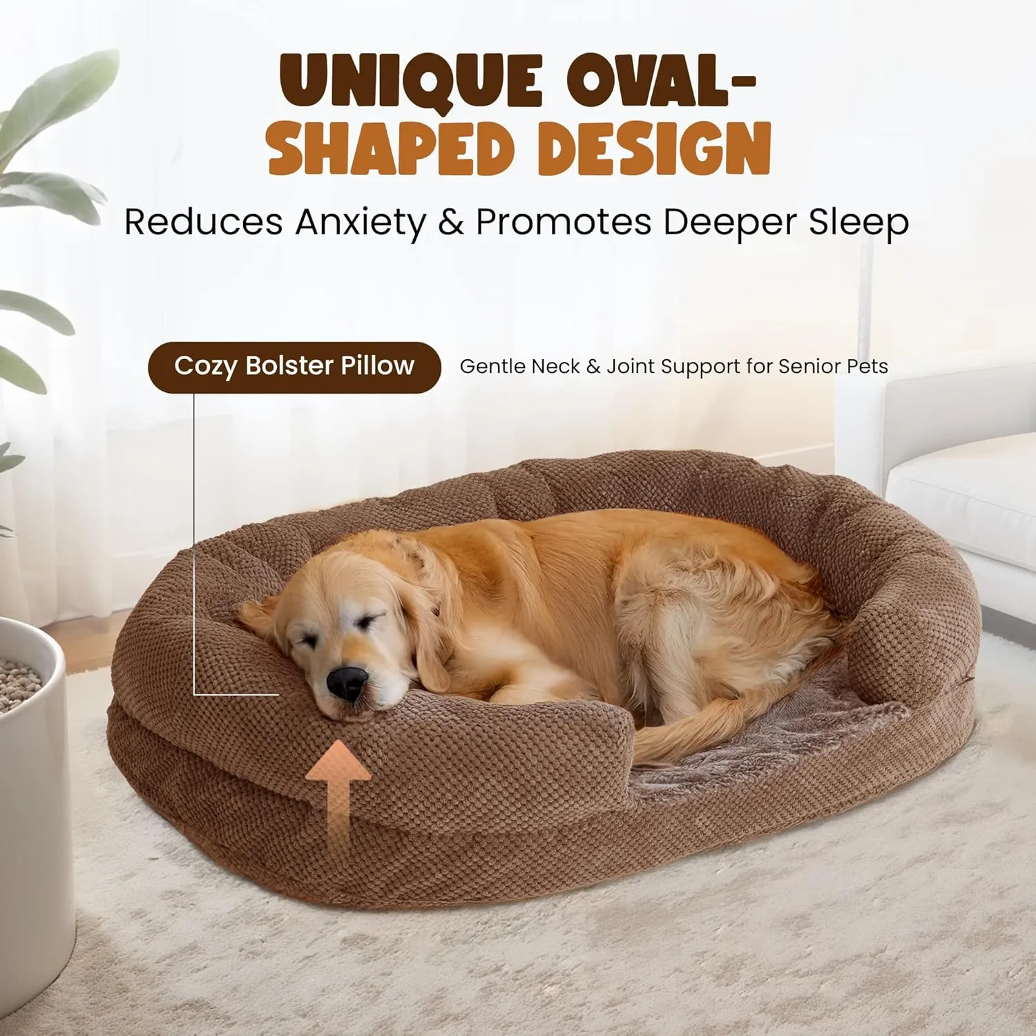 Plush Orthopedic Pet Bed for Small Dogs & Cats Removable Washable Cover, Supportive Memory Foam Oval Bed Non-Slip Design with Bolstered Sides, Perfect Medium Dog Sofa or Chair for Pet Care, Camel