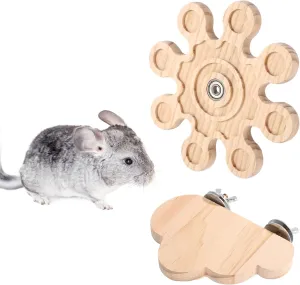 Rotating Chinchilla Toy with Diving Platform, Wooden Interactive Chew Toy for Teeth Hanging Chinchilla Cage Accessories for Hamsters Guinea Pig (Wood Color)