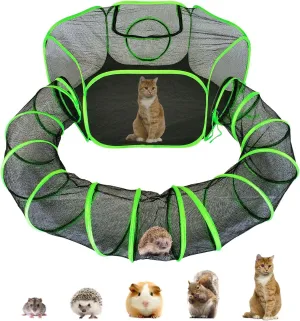 Small Animal Playpen Guinea Pig Hedgehog Cage Rabbit Cage with Fun Surround Tunnel Breathable & Transparent Pop Open Exercise Yard Fence with Top Cover Anti Escape