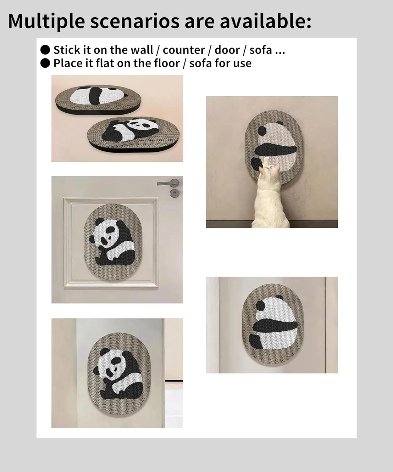 Stick-On Panda Cat Scratcher  Reversible Wall & Floor Design with Nano Grip, 2 Styles (Panda Face/Back), Durable Corrugated Cardboard