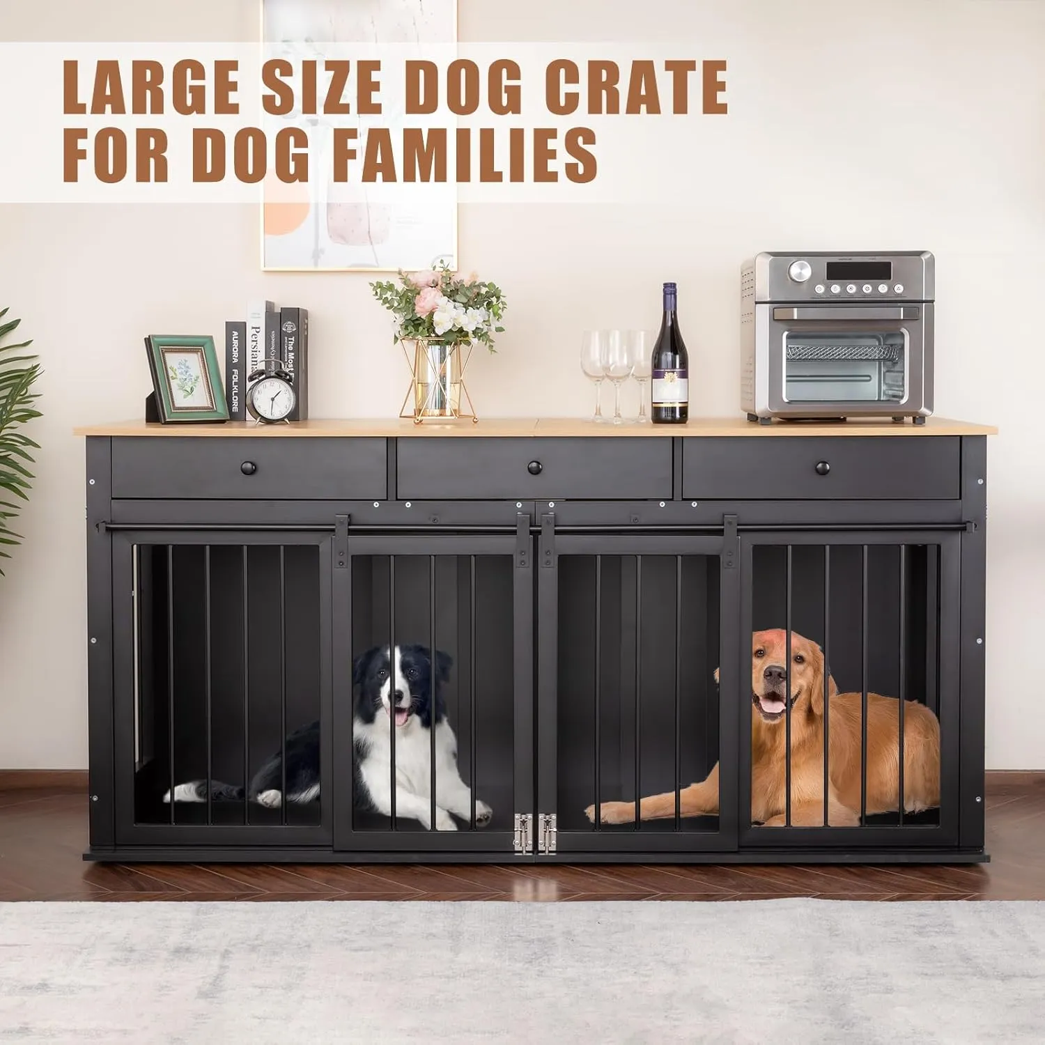Sunseen Dog Crate Furniture Large Breed Wooden Dog Kennel with Room Divider & 3 Drawer,Double Doors Heavy Duty Dog Crate End Table Indoor TV Stand for Small Medium Large Dog Black,72''W*24''D*35''H