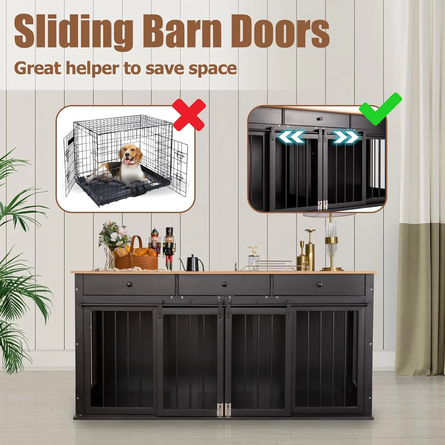 Sunseen Dog Crate Furniture Large Breed Wooden Dog Kennel with Room Divider & 3 Drawer,Double Doors Heavy Duty Dog Crate End Table Indoor TV Stand for Small Medium Large Dog Black,72''W*24''D*35''H