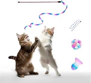 TUSATIY Cat Toys 3 Pack Set - Rainbow Cat Wand, String & Ball with Bell & Catnip, Interactive Kitten Toys for Indoor Play (Purple Fish)