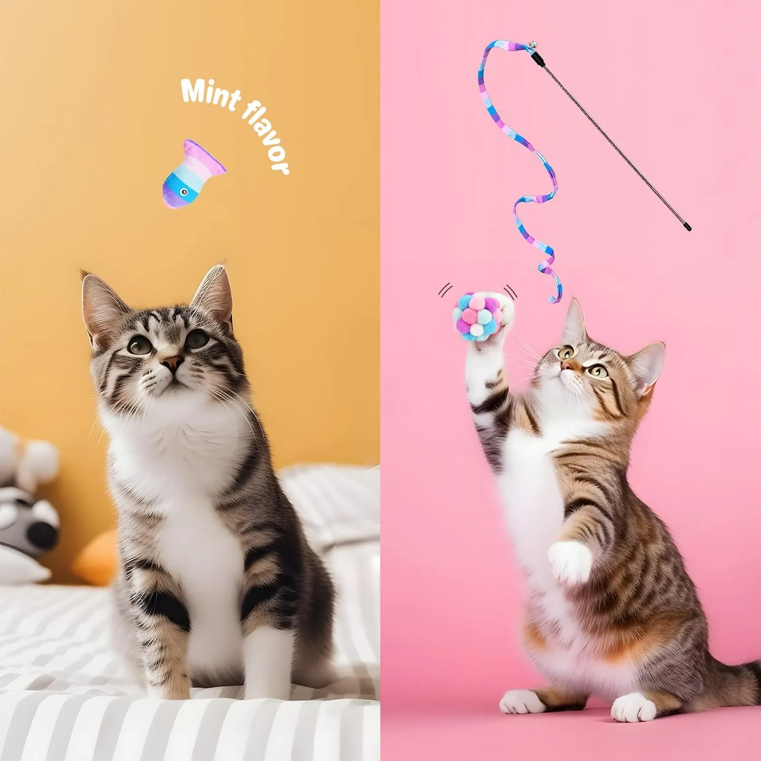 TUSATIY Cat Toys 3 Pack Set - Rainbow Cat Wand, String & Ball with Bell & Catnip, Interactive Kitten Toys for Indoor Play (Purple Fish)