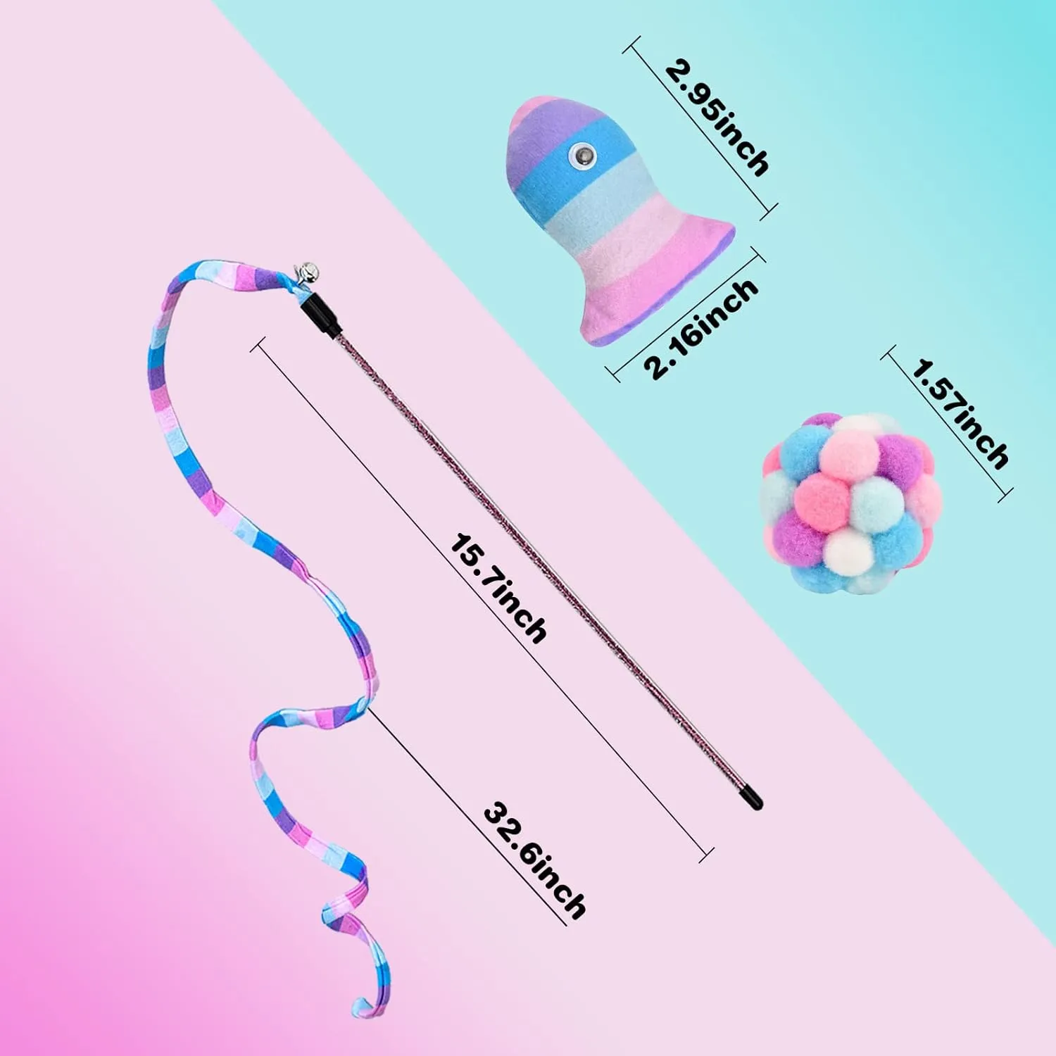 TUSATIY Cat Toys 3 Pack Set - Rainbow Cat Wand, String & Ball with Bell & Catnip, Interactive Kitten Toys for Indoor Play (Purple Fish)