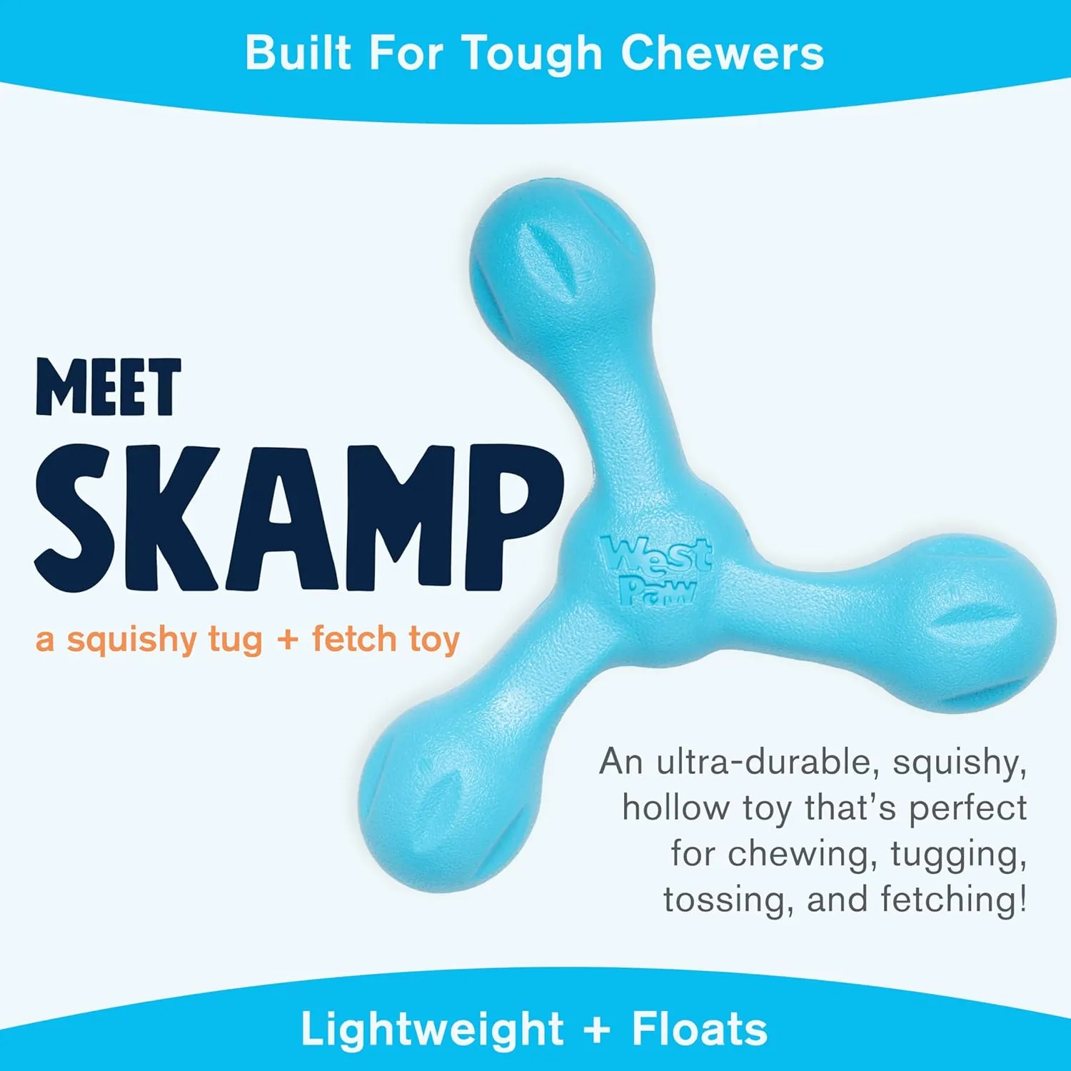 WEST PAW Zogoflex Air Skamp Tug-of-War Stick Dog Chew Toy  Hollow, Squishy Interactive Toy for Dogs, Puppies  for Chewing, Catch, Carry, Fetch, Dishwasher Safe, Latex-Free, Large 8.5", Aqua Blue